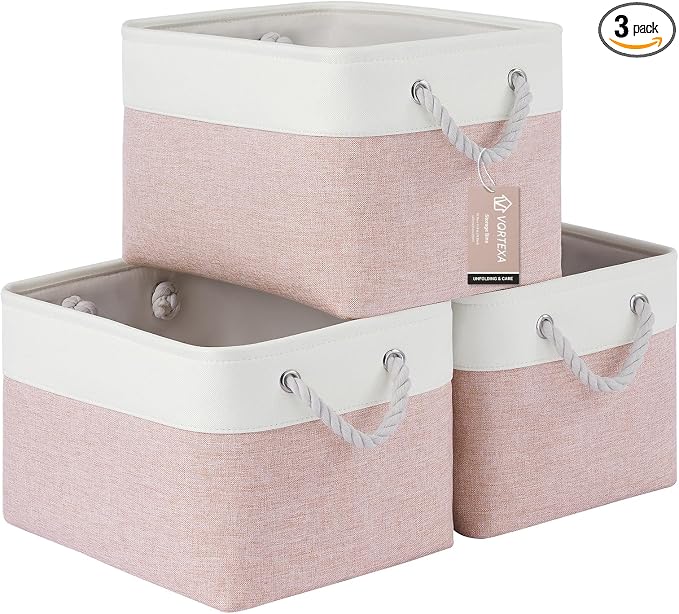 Large Storage Baskets- 15x11x10 inch Storage Bins for Shelves and Closet Organizing, Foldable Fabric Bin for Home Organization Clothes and Laundry (3-Pack, White&Pink) by VQRTEXAStorageBasket