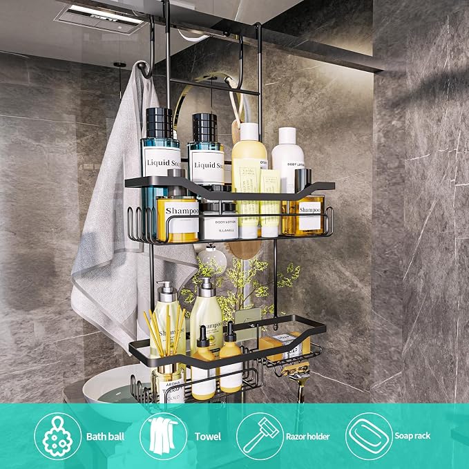 HapiRm Hanging Shower Caddy Over the Door with Soap Holder, No Drilling Adhesive Shower Organizer with 11 Hooks, Rustproof & Waterproof 304 Stainless Steel Bathroom Shelves - Black - Image 3