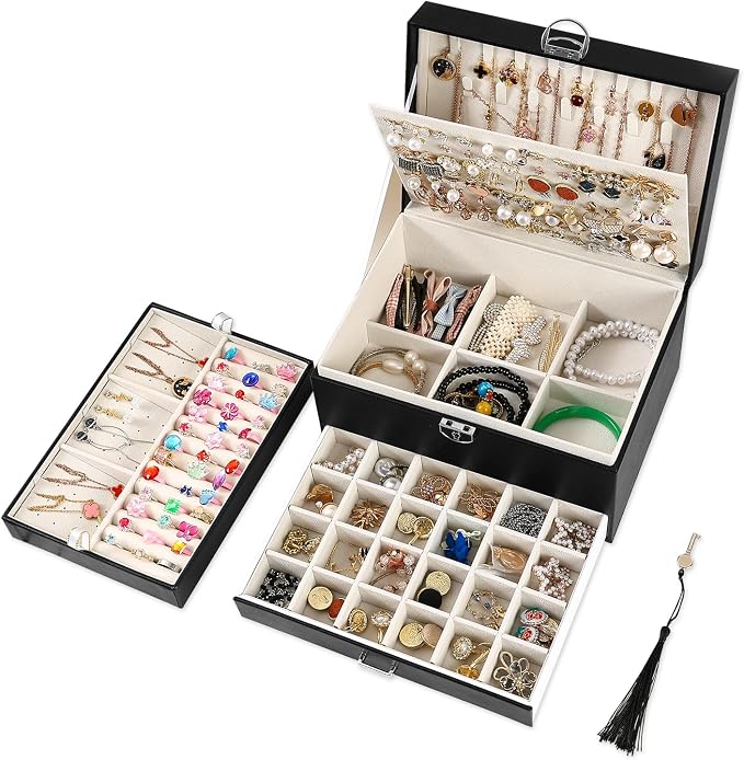 BOOVO Earring Jewelry Box For Women Girl Stud Organizer, 5 Layers Girl Jewelry Organizer Box With Lock Earring Holder Organizer Necklace Ring Jewelry Organizer Box For Girls (Black) by BOOVO