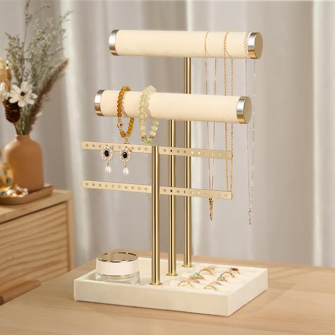 bussdis 3 Tier Bracelet Holder Display - Detachable T Bar Beige Velvet Bracelet Holder, Jewelry Holder Organizer for Bracelet, Necklace, Earrings, Rings - Image 5