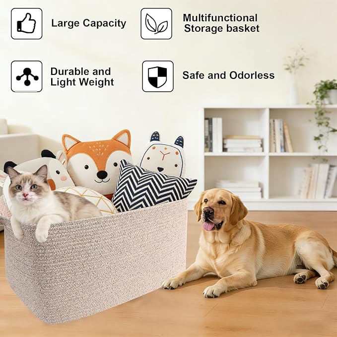 96L Large Blanket Basket,24"x16"x15"Rectangle Storage Bin with Handles,Woven Rope Laundry Basket for Toys, Clothes,Magazines,Home Organization,Nursery,Living Room & Bedroom,Brown - Image 7