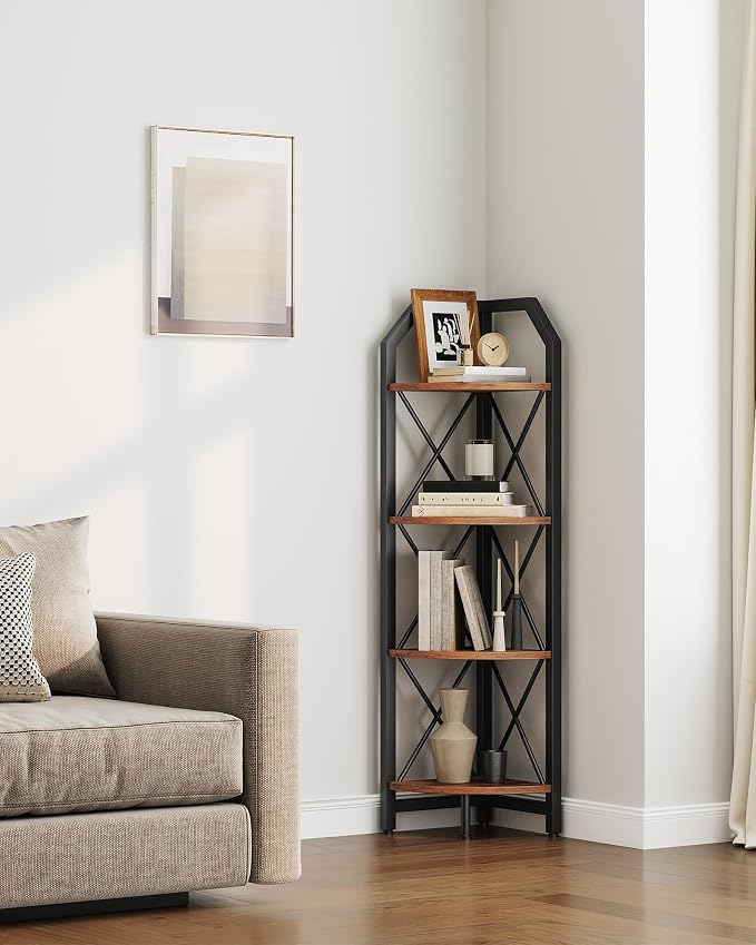 CHOEZON 4-Tier Rustic Brown and Black Corner Shelf, 4-Shelf Industrial Corner Bookshelf, Space-Saving Corner Storage Stand, Plant Stand Display Shelf, Bedroom, Living Room, Home Office - Image 6
