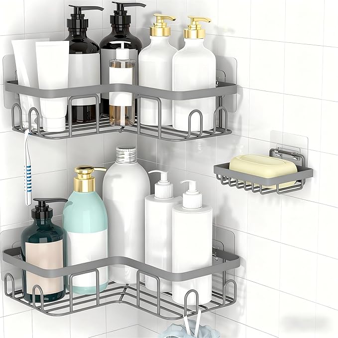 Moforoco Corner Shower Caddy Shelf Organizer Rack, Self Adhesive Grey Bathroom Shelves Basket, Home Wall Shower Inside Organization and Storage Decor RV Accessories, First Apartment Essentials by MOFOROCO