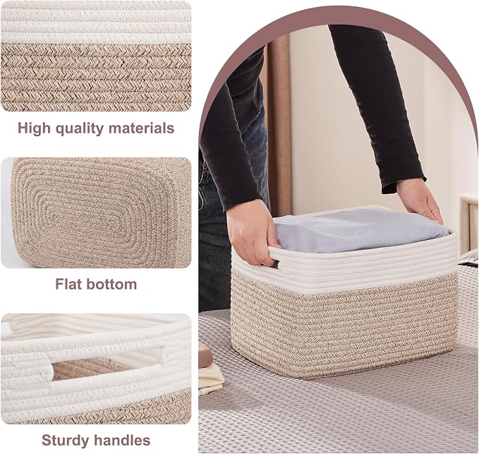 OIAHOMY 4 Pack Storage Baskets for Organizing, Basket for Shelves with Handle, Woven Baskets for Storage Toys, Towels, Books, Cotton Rope Basket 13" L x 9 " W x 7.8 " H, Brown & White - Image 3