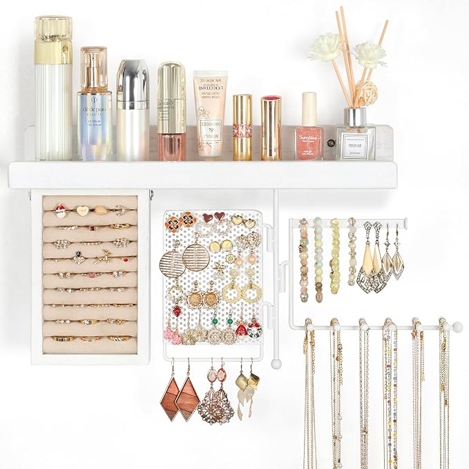 SOLIMINTR Hanging Jewelry Organizer Wall Mount with Rustic Wood Shelf, Ring Display Box, Ear Studs Earring Holder, Rotating Necklace Holder Organizer White by SOLIMINTR