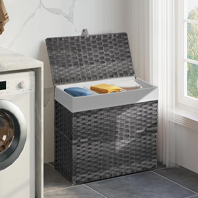 Greenstell Laundry Hamper with Lid, 125L Large Clothes Hamper with 3 Section & 2 Section Removable Liner Bags & 5 Mesh Laundry Bags, Handwoven Synthetic Rattan Divided Laundry Basket, Gray - Image 8