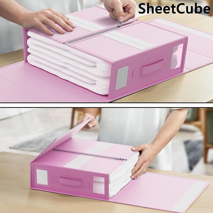 SheetCube Bed Sheet Organizers and Storage 6 Pack, Foldable Linen Closet Organizer with Window and Label, Bedding Folder Storage Box Container for Blanket, Duvet Cover Set, Bed Sheet Set - Pink - Image 4