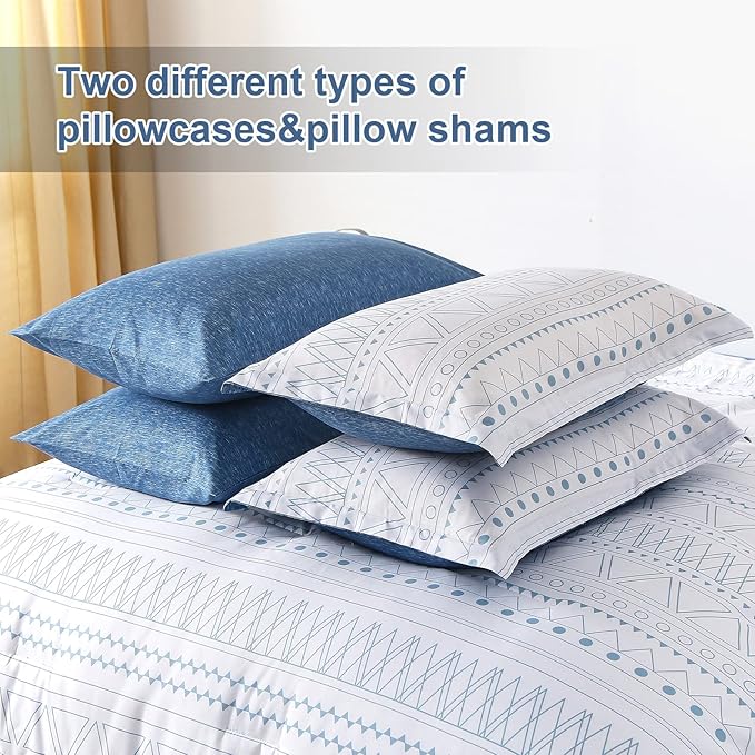 WONGS BEDDING Blue Boho Bed in a Bag Queen,7 Pieces Navy Comforter Set Queen Geometric Comforter Reversible Soft Microfiber Bedding Set with Comforter,Pillowcases,Flat Sheet,Fitted Sheet,Pillow Shams