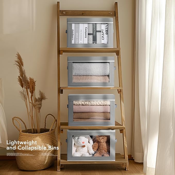 Homsorout Large Storage Bins with Lids - Stackable Cube Bins for Closet, 4 Pack Clear Windows Fabric Organizer Bins, Home Organizers and Storage for Clothes, CD, Towels, Grey - Image 4