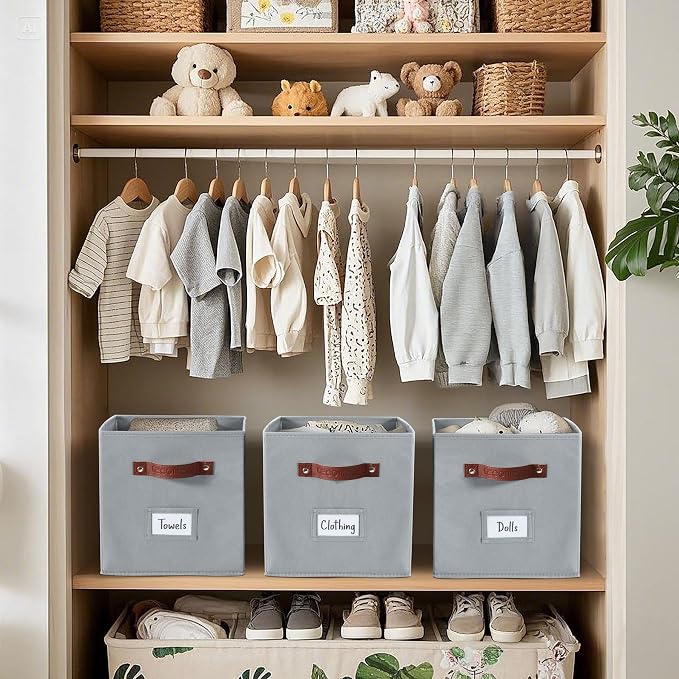 DECOMOMO Storage Bins, Cube Storage Bin with Labels, Fabric Storage Cubes for Shelves (10.5" x 11" / 6pcs, Grey) - Image 7