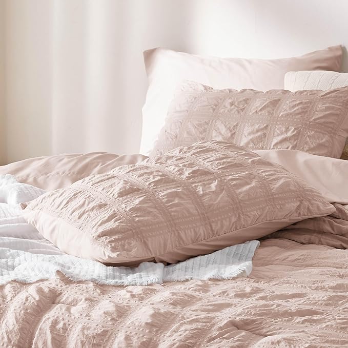 Bedsure Bed in a Bag Full - 7 Pieces Plaid Seersucker Bedding Comforter Sets, Soft Lightweight Rose Dust Boho Bed Set with Comforters Full Size, Sheets, Pillowcases & Shams