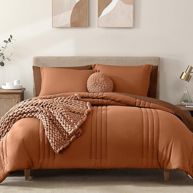 Monbix Oversized Queen Comforter Set - 7 Pieces Burnt Orange Bed in a Bag Oversized Queen Bedding Sets with Comforters, All Seasons Comforter Bed Set with Sheets, Pillowcases & Shams