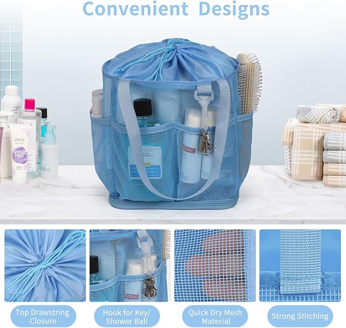 Mesh Shower Caddy Portable for College Dorm Room Essentials, Shower Tote Bag with Hanging Hook and Drawstring, Quick Dry Toiletry Bag with 6 Pockets for Bathroom, Swimming, Gym, Camping, Beach, Travel - Image 7