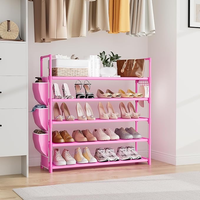 VILICK Shoe Rack for Closet Shoe Organizer Space Saver Storage for 20-25 Pair Shoe Shelf with Hook and Side Pocket Free Standing 5 Tier Shoe Rack Organizer for Entryway,Small Spaces, Pink - Image 7