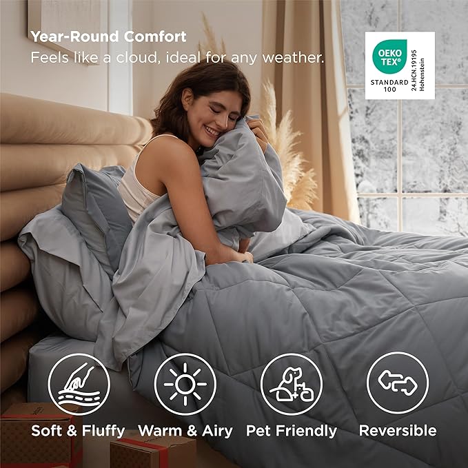 Bedsure California King Comforter Set - 7 Pieces Reversible Grey Bedding, Cal King Size Bed Set for All Seasons, Bed in a Bag with Down Alternative Comforter, Sheets, Pillowcases & Shams
