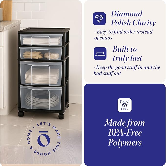 HOMZ Drawer Tower, 4-Tier Clear Plastic Storage Organizer Cart, Black Frame - Multi-Purpose Rolling Drawers with Wheels for Bedroom, Bathroom, and Office Organization - Image 5