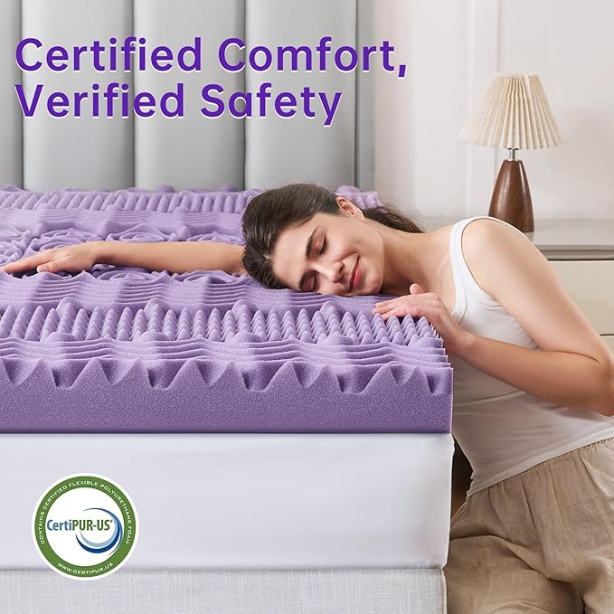 MUXHOMO 3.9 Inch 7-Zone Twin XL Mattress Topper, Egg Crate Memory Foam Mattress Topper Twin XL for Back Pain, Lavender Cooling Gel Infused Bed Pad, CertiPUR-US and Oeko-TEX Certification (79"×38")