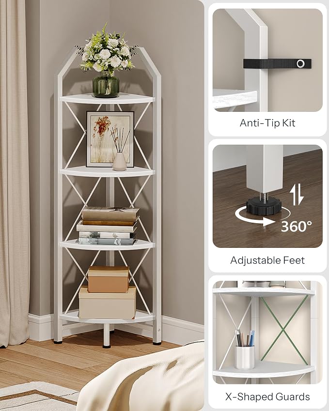 CHOEZON 4-Tier Corner Shelf, Industrial Corner Bookshelf, 47.6" Corner Storage Stand, Plant Stand Display Shelf, Corner Bookcase for Bedroom, Living Room, Home Office, White TCJ09WB - Image 4