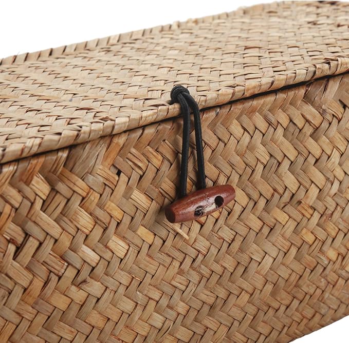 Seagrass Tank Basket with Lid Woven Toilet Roll Storage Basket with Sections Rectangular for Organize Snack Toys Tampon (Large Compartment 16.5inch L x 5.5inch W x 5.5inch H) Natural - Image 6