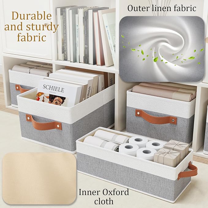 OUTBROS Storage Bins,Foldable Storage Baskets for Organizing,Fabric Storage Boxes With Handles,For bedrooms, living rooms, Shelves,Gray/White,15x6.1x5.1in,6-Pack - Image 7