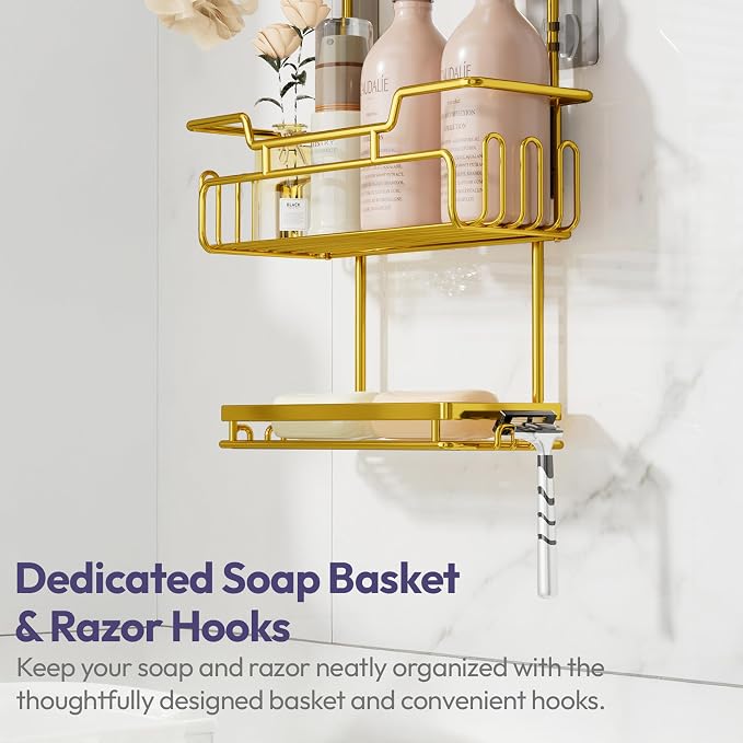 SWTYMIKI Bathroom Shower Caddy Hanging - 3 Tier Rustproof Over Shower Head Organizer, No Drilling Bathroom Shelf with 16 Hooks & Soap Holder, Anti-Swing Rack for Shampoo,Sponge,Towel, Gold - Image 6