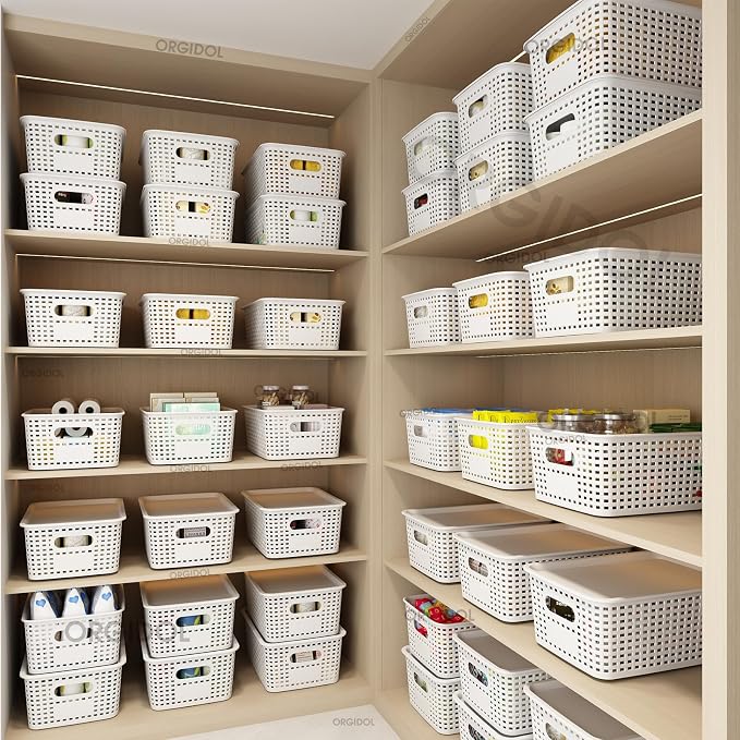 ORGIDOL Plastic Storage Basket with Lids 10 Pack Stackable Storage Bins Containers with Lid, Decorative Storage Boxes for Organizing Shelves, Drawers, Playroom, Classroom, Office, Closet, White - Image 2