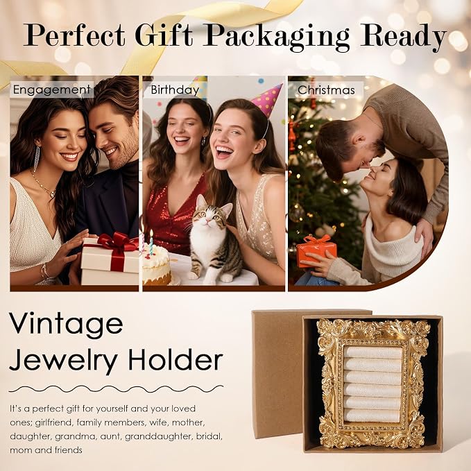 Vintage Ring Holder Rectangle Gold Velvet Display Stand - Baroque Jewelry Organizer Box Tray for Wedding Engagement Anniversary Women Birthday Christmas Gift Photograph Prop (MPF05-Gold White) - Image 7