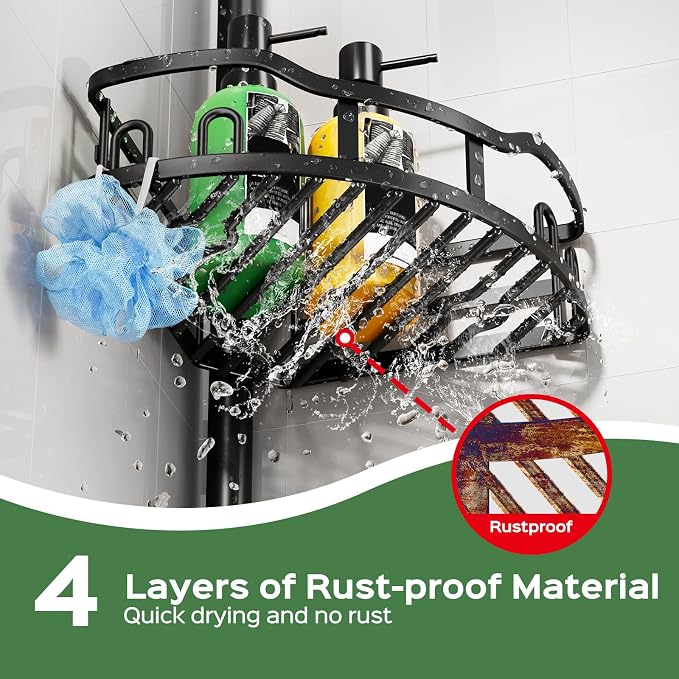 HAMITOR Shower Caddy Tension Pole: Rustproof Quick Install Corner Bathroom Organizer Shelf on Floor for Renters - 4-Tier Large Capacity Storage Rack with Soap Holder for Apartment -47-121 Inch/Black - Image 2