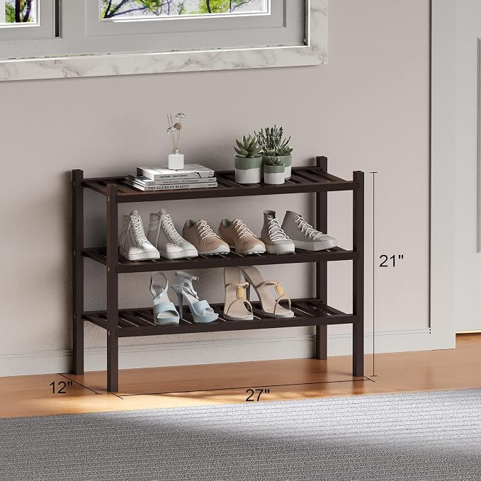 ROMGUAR CRAFT 3 Tier (Thick) Bamboo Shoe Rack for Closet Free Standing Wood Shoe Shelf for Entryway Small Space Stackable 27"x12"x21" (Black Brown) - Image 6