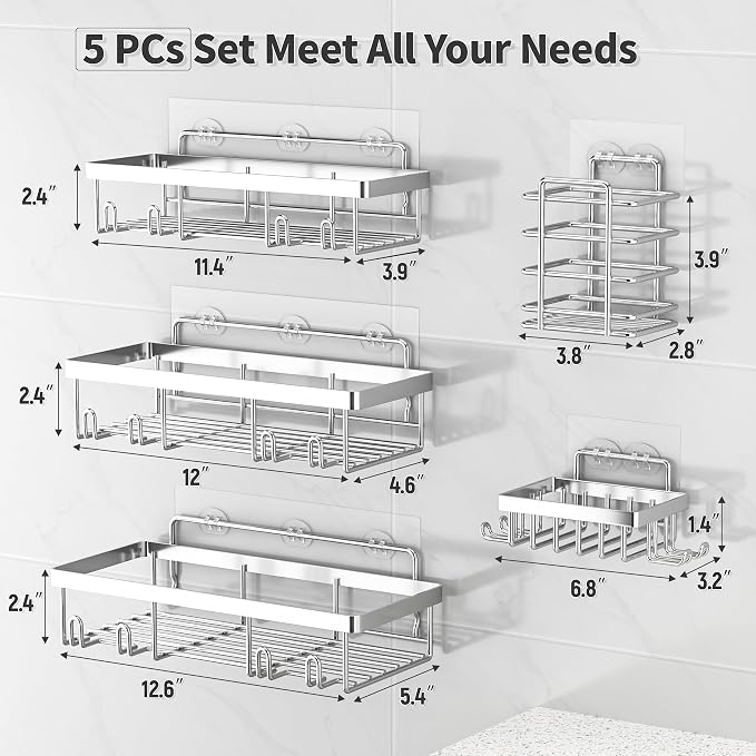 Liuoud 5 Pack Shower Caddy Organizer Rack Shelf for Inside Shower, Self Adhesive Bathroom Wall Storage Basket Rustproof Stainless Steel Large Capacity Shampoo Holder, Silver - Image 2