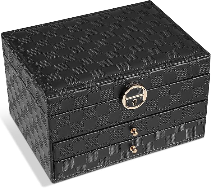 GUOER Jewelry Box for Women Girl Wife - Large PU Leather Jewelry Organizer Storage Case with 3 Layers Display for Earrings Bracelets Rings Watches (Checkered Black) by GUOER