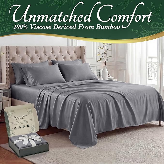 DECOLURE 100% Viscose Derived from Bamboo Sheets Full Size - Luxury 6 Pc Naturally Cooling Sheets, Ultra Soft Bed Set - Deep 17" Pockets, Durable Double Stitching, Oeko Tex Standard (Grey)