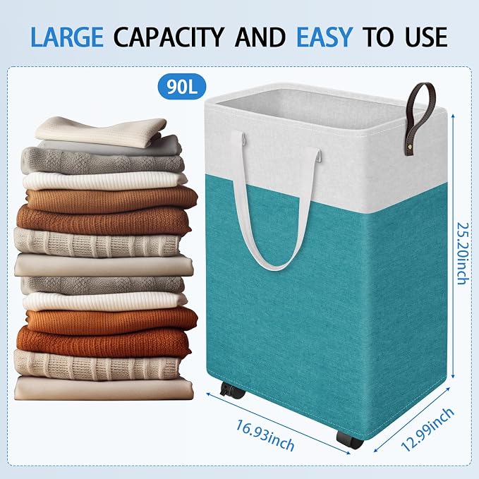 HomeHacks 90L Large Rolling Laundry Basket, Laundry Hamper with 4 Smooth Wheels, Collapsible Waterproof Clothes Basket, Freestanding Hamper with Handles for Bedroom/Dorm/Laundry Room (Green) - Image 2