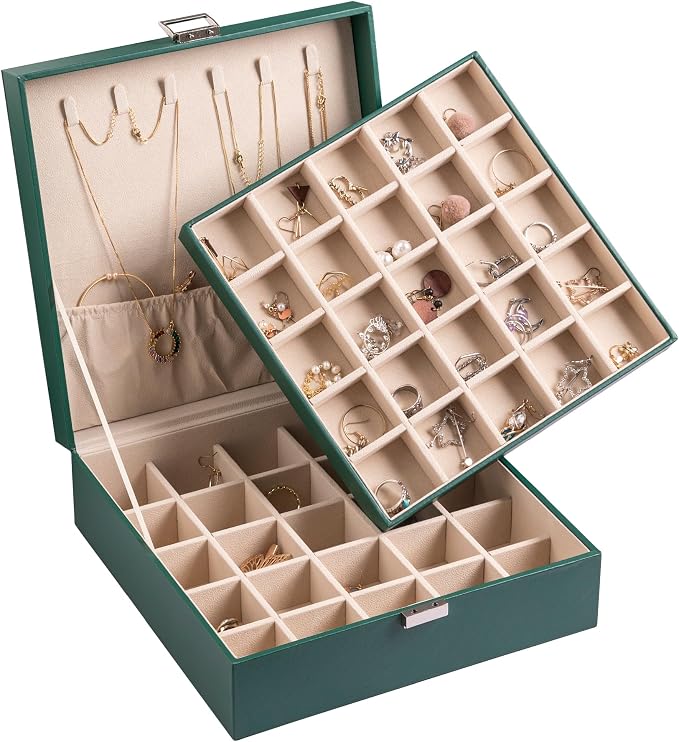 Frebeauty Earring Organizer Classic Jewelry Box 50 Slots Double Layer Jewelry Storage Case with 6 Necklace Hook and Bracelet Pocket(Blackish Green) by Frebeauty