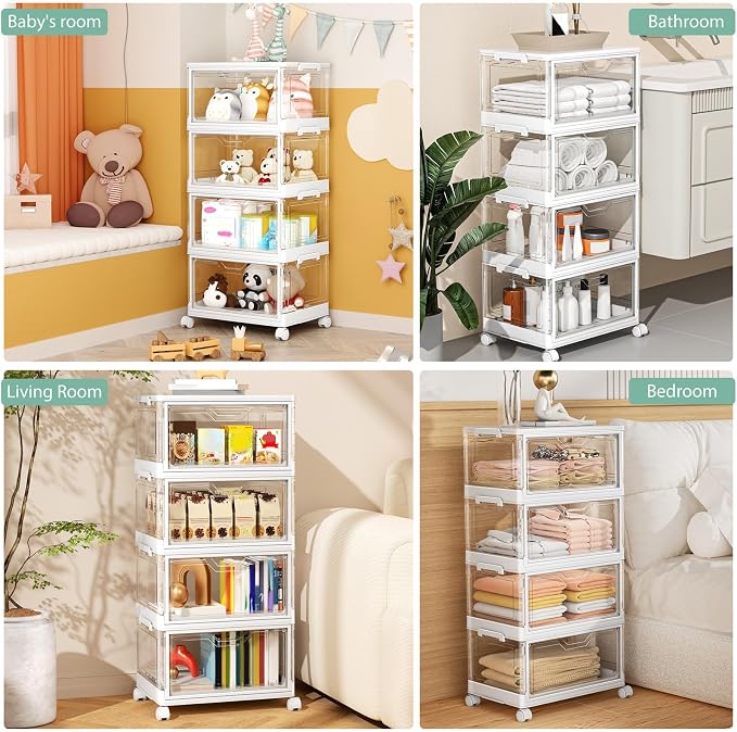 Kmiectse Clear Storage Bins with Lids - 4 Tier Plastic Bins with Wheels, Stackable Storage Bin, Closet Organizers Box for Bedroom, Living Room, 23 QT Folding Box with Magnetic door - Image 5
