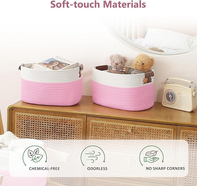 ECDYQXVU Cotton Rope Basket, Storage Baskets with Handle, 15x10x9 Inch Woven Basket for Shelves, Laundry, Towels, Clothes, Books (White/Pink 2Pack) - Image 7