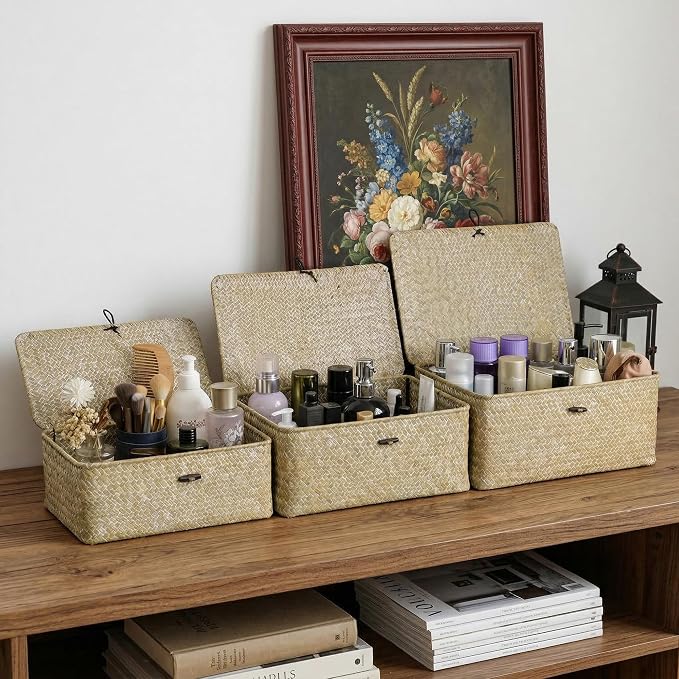 Nonam Storage Basket with Lid, Natural Seagrass Bin with Lid Set of 3, Shelf Baskets Multipurpose Container for Boho Decoration, Rectangular Household Storage Boxes for Home Organization-White - Image 3