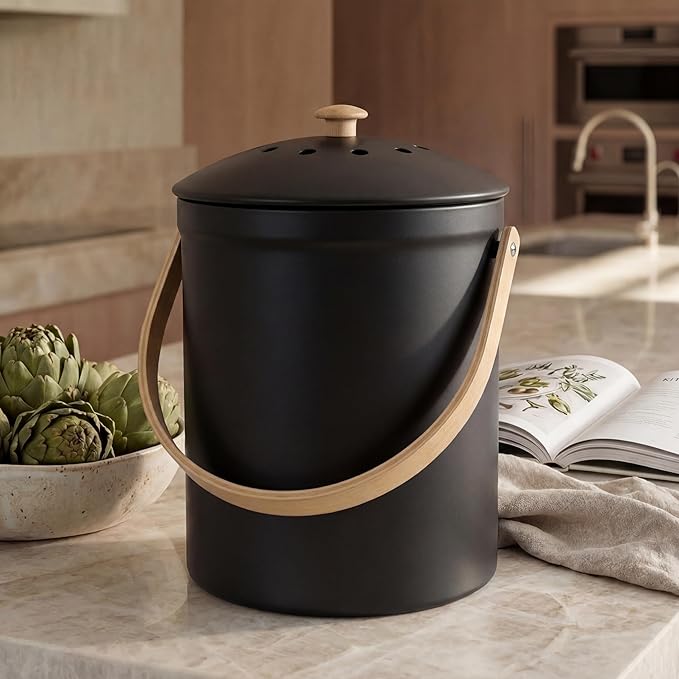Beautiful Kitchen Compost Bin with Smell Proof Lid - Rust Proof and Odorless Compost Bucket for Your Countertop with No Smell Filters - Easy to Clean 1.1 Gallon Bin Looks Great On Any Kitchen Counter by KIBAGA