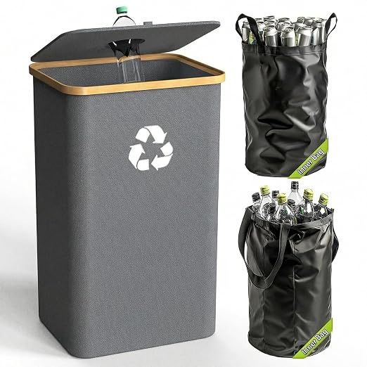 Recycling Bin for Kitchen Indoor Home, Large 100L/ 26 Gallon Recycle Bin with Lid Removeable Reusable Inner Bag Bottle Can Glass Waste Plastice Stickers (Gray, 26 Gallon) by Pakusane