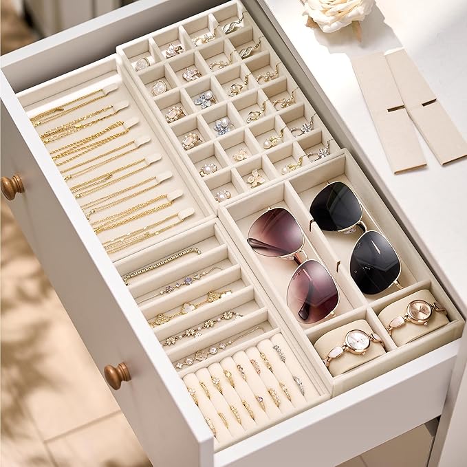 Velvet Jewelry Drawer Organizer Trays – 4-Layer Stackable Jewelry Storage Inserts Set, Beige Jewelry Tray Set for Earrings, Rings, Necklaces, Bracelets with Removable Dividers for Dresser & Vanity - Image 5