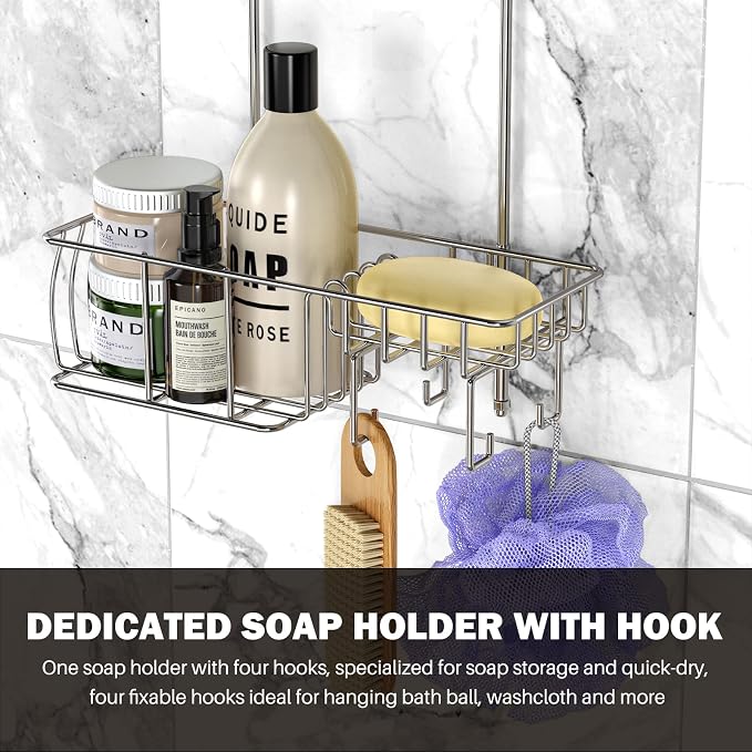 Epicano Anti-Swing Hanging Shower Caddy Stainless Steel 304, Over Head Shower Caddy Rustproof with hooks for Towels, Sponge and more, Chrome - Image 6