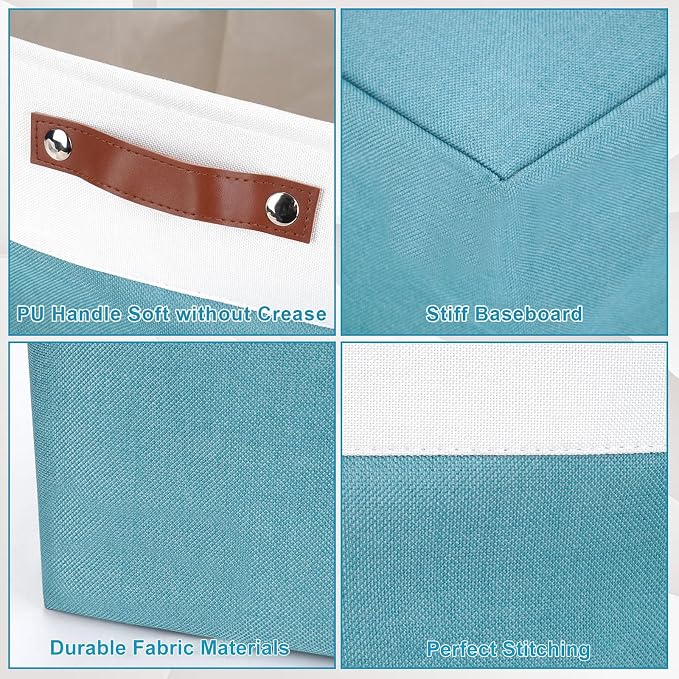 Bagnizer 13x13 Cube Storage Bins, Collapsible Fabric Storage Box, 4 Pack Closet Baskets with Handles for Organizing, Shelf, Toys, Clothes, Home, Office, Nursery (Teal&White) - Image 6