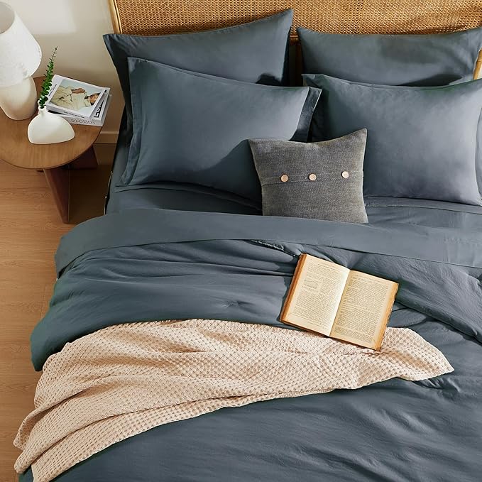 WRENSONGE King Size Comforter Set- 7 Pieces Blue Grey Bed in a Bag King with Fitted Sheet, Flat Sheet, 2 Pillow Shams, and 2 Pillowcases-Warm King Bedding Set for All Season