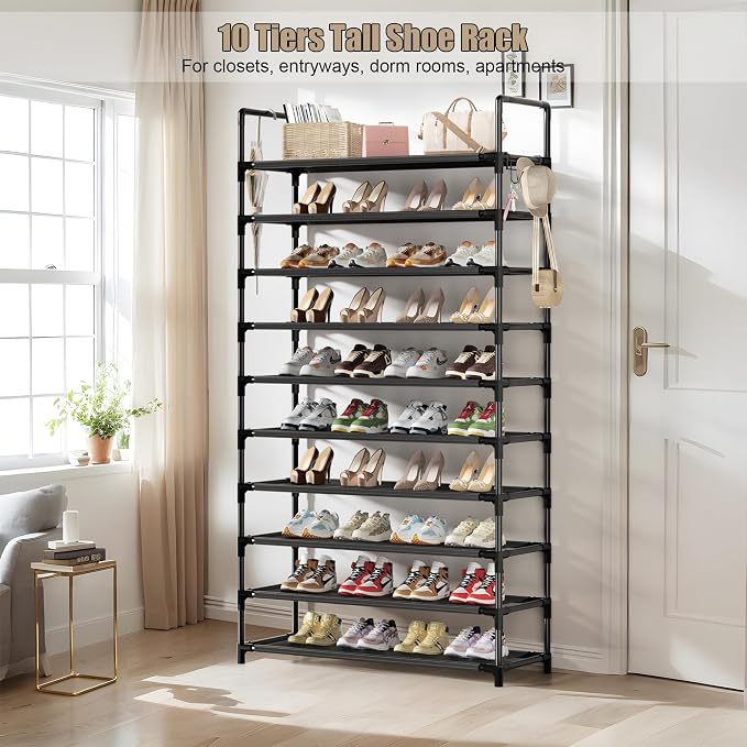 Shoe Rack, 10 Tier Shoe Storage Organizer with Hooks,Fit 40-45 Pairs Shoes,Nonwoven Fabric Tall Shoe Shelf for Closet,Entryway, Hallway,Garage,Bedroom,Cloakroom - Image 4