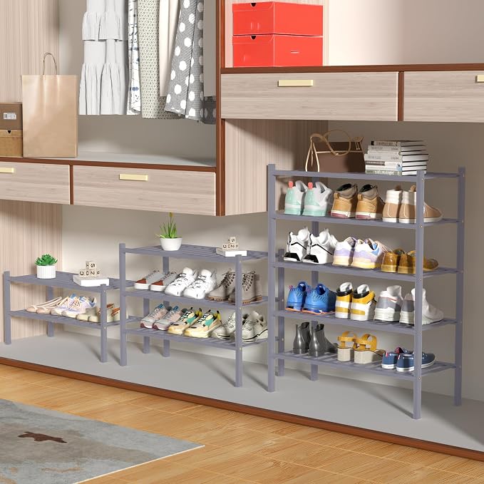 ROMGUAR CRAFT 4 Tier Bamboo Shoe Rack for Closet Free Standing Wood Shoe Shelf for Entryway Small Space Stackable 27"x11"x26" (Grey) - Image 4