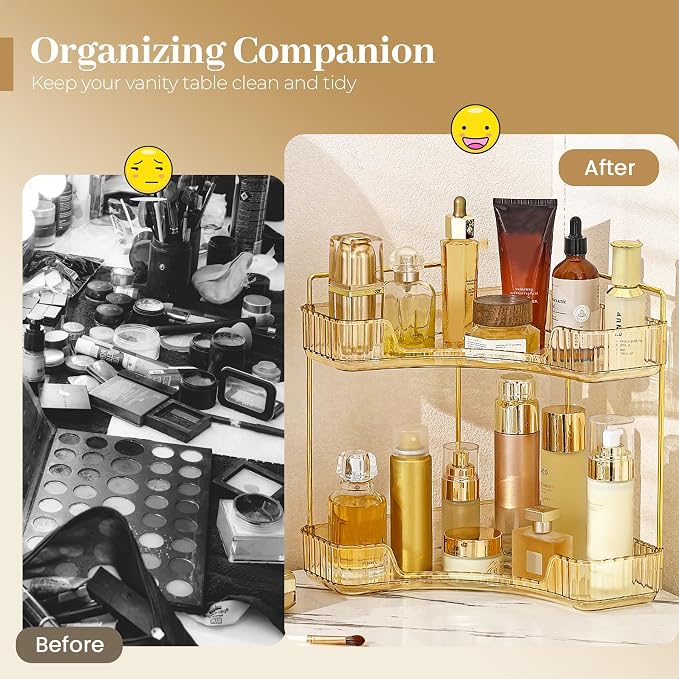 Aveniee Corner Bathroom Counter Organizer, Bathroom Countertop Shelf Makeup Organizer for Vanity Perfume Tray for Corner Storage (2 Tiers, Gold) - Image 5