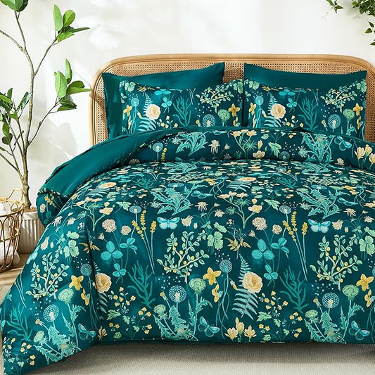Yiran Queen Comforter Set 7 Piece, Teal Green Floral Bedding Set, Bed in a Bag Queen Size with Botanical Flowers Spring, Soft Lightweight Complete Comforters with Sheets for All Season