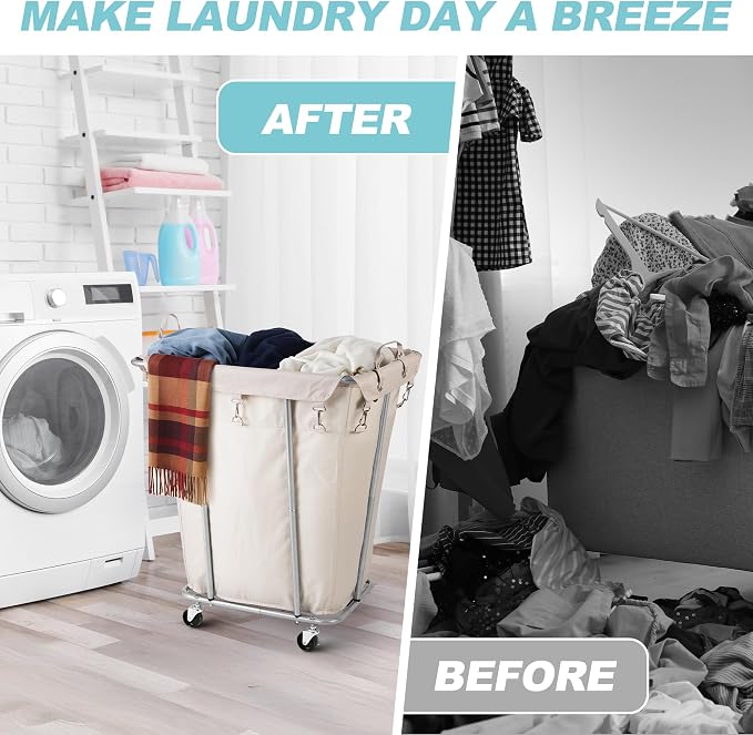 PLKOW Laundry Basket with Wheels 120L Heavy-Duty Laundry Cart with Removable Waterproof Bag, Metal Frame Clothes Basket with Lockable Casters for Home, Laundry Room, Hotel, Beige - Image 7