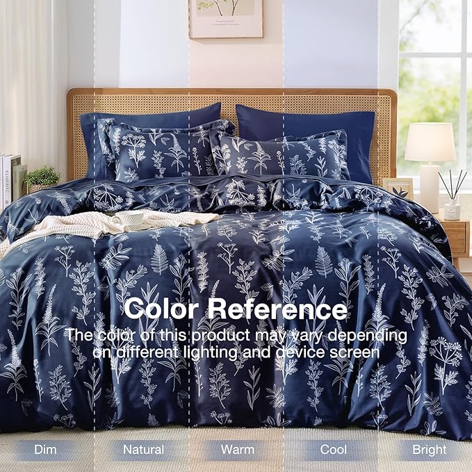 MUXHOMO Navy Blue King Comforter Set, Elegant Floral Print Bed in a Bag 7 Pieces, Ultra Soft & Breathable Reversible Botanical Pattern Bedding Set with Comforter, Sheets, Pillowcases, and Shams