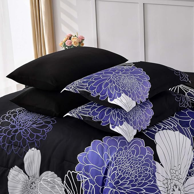 Yiran Floral Comforter Set Queen 7 Pieces Bed in a Bag Purple White Black Flower Comforter Soft Microfiber Bedding Sets for All Seasons 90"×90"